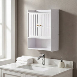 White Bathroom Wall Cabinet Storage Wall Shelves 2 Doors Cupboard - thumbnail 3