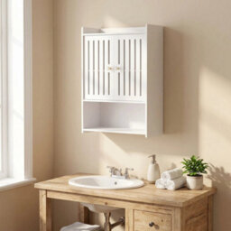 White Bathroom Wall Cabinet Storage Wall Shelves 2 Doors Cupboard - thumbnail 5