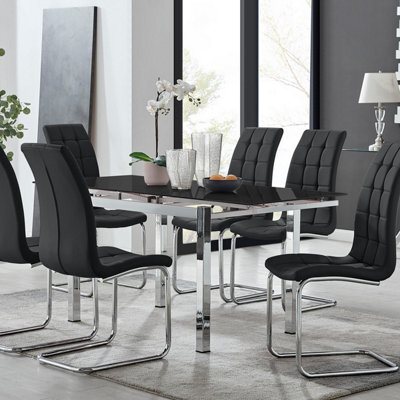 Furniturebox Uk Enna Black Glass Extending Dining Table And 6 Black Murano Chairs - image 1