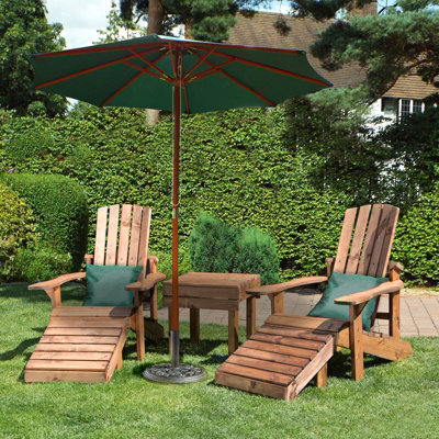 Charles Taylor Trading Charles Taylor Wooden Adirondack 2 X Chair Seat Table & Green Parasol & Cushions - image 1