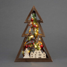 Shatchi 40Cm Prelit Wooden Tree Frame Tabletop Decorations Xmas Ornament Gifts Decorated With Leaves Pine Cones Berries 3D Nordic Scene - thumbnail 1
