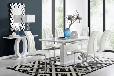 Furniturebox Arezzo White High Gloss Extending Dining Table & 6 White Murano Faux Leather Dining Chairs - image 1
