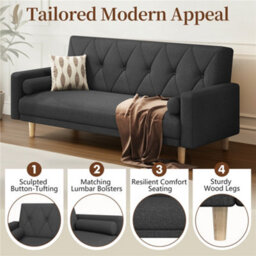 Yaheetech Fabric Convertible Sofa Bed With 2 Bolster Pillows For Living Room/guest Room, Black - thumbnail 4