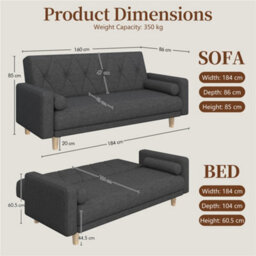 Yaheetech Fabric Convertible Sofa Bed With 2 Bolster Pillows For Living Room/guest Room, Black - thumbnail 3