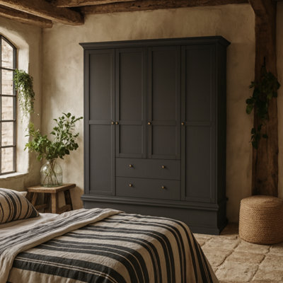 Wyld Haus Osaka Farmhouse Dark Grey Wooden Wardrobe 4 Doors 2 Drawers - image 1