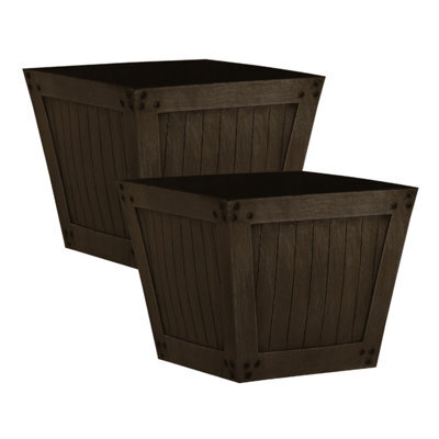 Simpa 2Pc Dark Brown Slatted Wood Style Plastic Planters 40Cm (Dia) - image 1