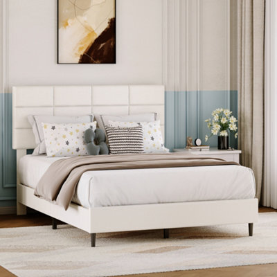 Double Bed Frame Upholstered Platform With Adjustable Headboard, Beige/135 X 190 Cm - image 1