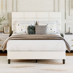 Double Bed Frame Upholstered Platform With Adjustable Headboard, Beige/135 X 190 Cm - thumbnail 2