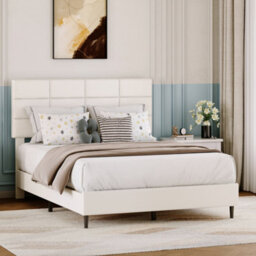 Double Bed Frame Upholstered Platform With Adjustable Headboard, Beige/135 X 190 Cm - thumbnail 1