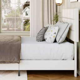 Double Bed Frame Upholstered Platform With Adjustable Headboard, Beige/135 X 190 Cm - thumbnail 4