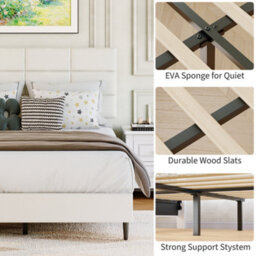 Double Bed Frame Upholstered Platform With Adjustable Headboard, Beige/135 X 190 Cm - thumbnail 6