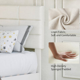 Double Bed Frame Upholstered Platform With Adjustable Headboard, Beige/135 X 190 Cm - thumbnail 5
