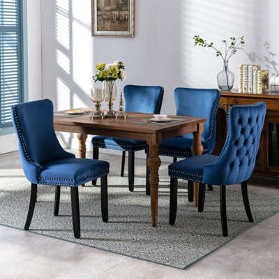 HomeTouch Set Of 4 Lux Velvet Tufted Kitchen Dining Chairs Wing High Back Office Bedroom Chairs Blue - image 1