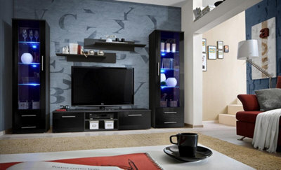 "Arte Galino C Entertainment Unit For Tvs Up To 75"" - Sophisticated Black Gloss Front & Black Matt Carcass - W1800mm X H1900mm X D450mm" - image 1