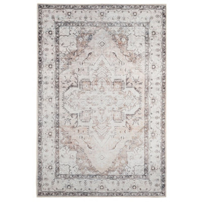 Loomed Greige Vintage Medallion Anti Slip Washable Runner Rug 60X240Cm - image 1