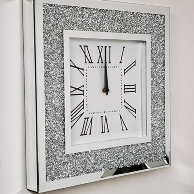 Biznest 40X40Cm Large Wall Clock Square Crushed Diamante Diamond Crystal Mirror Crushed