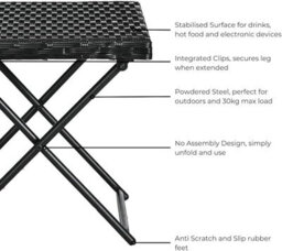 Evre Capri Folding Side Rattan Table Outdoor, Drinks, Camping Lightweight Wicker & Portable - Black - thumbnail 3