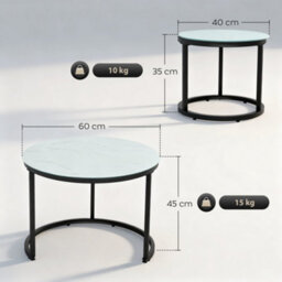 Wyld Haus Sosuri Set Of 2 Round Nesting Tables - Marble-Effect Tempered Glass Tops, Powder-Coated Steel Frame, White And Black - thumbnail 3