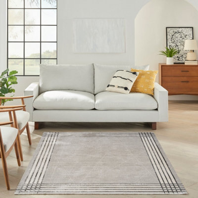 Grey Silver Bordered Chequered Modern Easy To Clean Rug For Bedroom & Living Room-119Cm X 180Cm