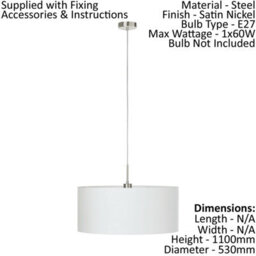 Elegant Satin Nickel Pendant Ceiling Light With White Fabric Shade And E27 Bulb - thumbnail 2