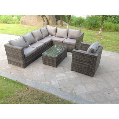Fimous Grey Rattan Corner Sofa Set Outdoor Garden Furniture Coffee Table Chair Right Corner Oblong Table - image 1