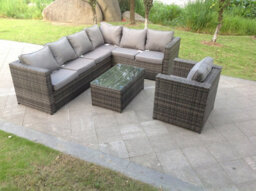Fimous Grey Rattan Corner Sofa Set Outdoor Garden Furniture Coffee Table Chair Right Corner Oblong Table - thumbnail 2
