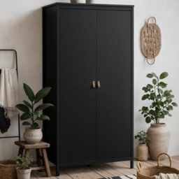 Wyld Haus Wildberry Matt Black 2-Door Wooden Wardrobe With Leather Handles - thumbnail 2