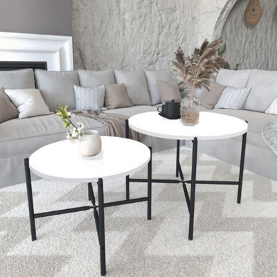 Urbn-Living Urbnliving 65Cm Width 2Pcs Round White Wooden Nesting End Coffee & Side Table Set With Metal Legs - image 1