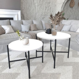 Urbn-Living Urbnliving 65Cm Width 2Pcs Round White Wooden Nesting End Coffee & Side Table Set With Metal Legs - thumbnail 1