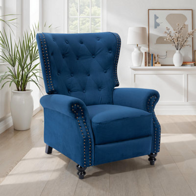 Velvet Blue Buttoned Wingback Recliner Chair - image 1