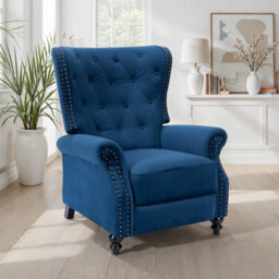 Velvet Blue Buttoned Wingback Recliner Chair