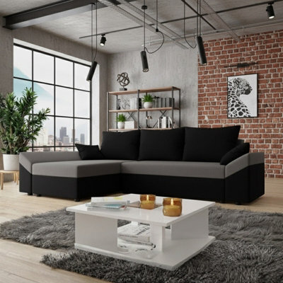 Dante L Modern Corner Sofa Bed Universal L Shape Couch With Guest Sleep Function Storage Durable Fabric Black And Light Grey - image 1