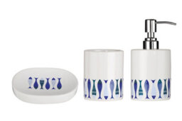 Orsina Modern White & Blue 3 Piece Bathroom Set, Dolomite Accessories Set With Dispenser, Rinse Cup, & Soap Holder - thumbnail 1