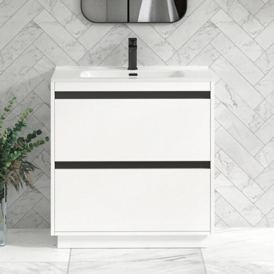 Royal Bathrooms Orion 800mm Matt White 2 Drawer Floor Standing Vanity Unit With Ceramic Basin & Black Strip - image 1