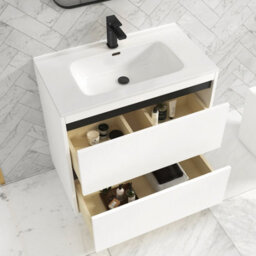 Royal Bathrooms Orion 800mm Matt White 2 Drawer Floor Standing Vanity Unit With Ceramic Basin & Black Strip - thumbnail 4