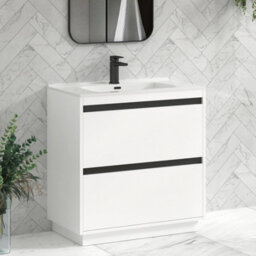 Royal Bathrooms Orion 800mm Matt White 2 Drawer Floor Standing Vanity Unit With Ceramic Basin & Black Strip - thumbnail 5