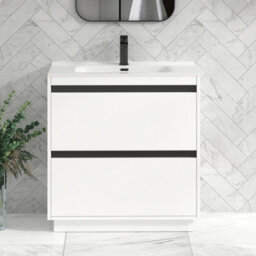 Royal Bathrooms Orion 800mm Matt White 2 Drawer Floor Standing Vanity Unit With Ceramic Basin & Black Strip - thumbnail 1