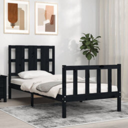 Berkfield Bed Frame With Headboard Black Small Single Solid Wood - thumbnail 1