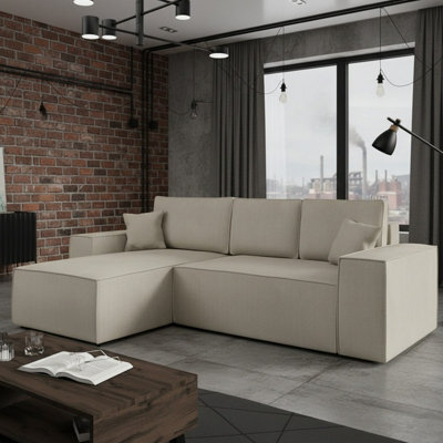 Malaga L Shaped Mdf Corner Sofa Bed With Storage Dl Pull Out Seat Loose Back Cushions 279X94X181 Beige Left - image 1