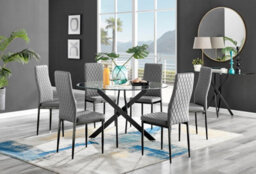 Furniturebox Uk Novara Black Leg 120Cm Round Glass Dining Table & 6 Grey Milan Black Leg Chairs - thumbnail 1