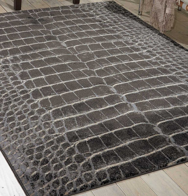 Charcoal Luxurious Modern Geometric Easy To Clean Rug For Bedroom & Living Room-66 X 229Cm (Runner)