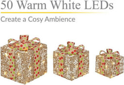 Set Of 3 Light-Up Christmas Gift Boxes With 50 Warm White Led Lights Battery-Powered Xmas Decor Gold Glitter & White Berry - thumbnail 3