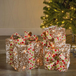 Set Of 3 Light-Up Christmas Gift Boxes With 50 Warm White Led Lights Battery-Powered Xmas Decor Gold Glitter & White Berry - thumbnail 2