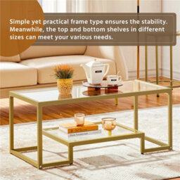 Yaheetech 2-Layer Tempered Glass Coffee Table For Living Room Gold - thumbnail 8
