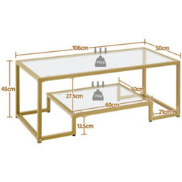 Yaheetech 2-Layer Tempered Glass Coffee Table For Living Room Gold - thumbnail 3