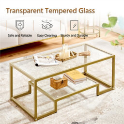 Yaheetech 2-Layer Tempered Glass Coffee Table For Living Room Gold - thumbnail 6