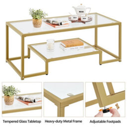 Yaheetech 2-Layer Tempered Glass Coffee Table For Living Room Gold - thumbnail 4