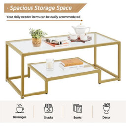 Yaheetech 2-Layer Tempered Glass Coffee Table For Living Room Gold - thumbnail 5