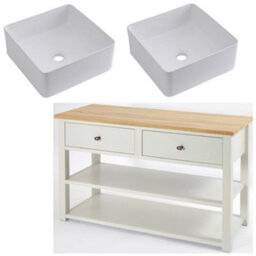 Homestylestore 1215mm Antique White And Oak Bathroom Vanity Unit With Square Countertop Basins And Bronze Round Handles