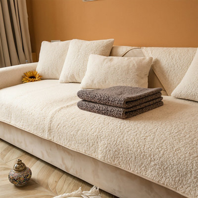 Living And Home Beige Lambswool Style Non Slip Faux Plush Sofa Cover Pack Of 1 160Cm W X 90Cm D - image 1